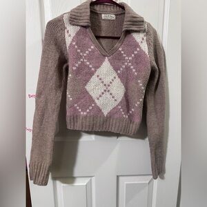 Jolie And Joy Pink And Beige Sweater Argyle Patterned V-Neck Sweater Size Small